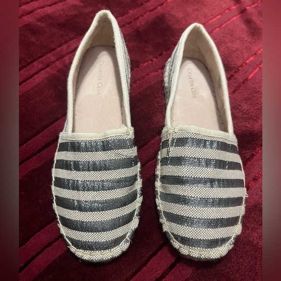 CHARTER CLUB Espadrille Slip On Shoe Canvas Silver Stripes Metallic - Picture 2 of 4